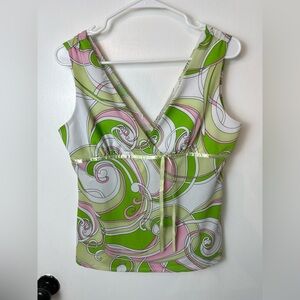 Vintage Y2K Babydoll retro pattern green & pink top size L #1524